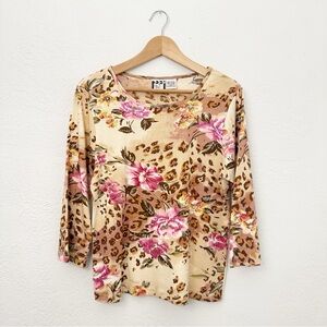 Vintage Floral & Leopard Print 3/4 Sleeve Cotton Top
